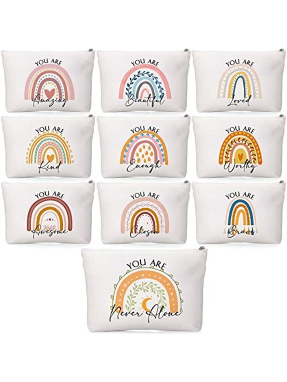 Inspirational Makeup Bag Canvas Cosmetic Pouch Zipper Travel Organizer 10 Pack